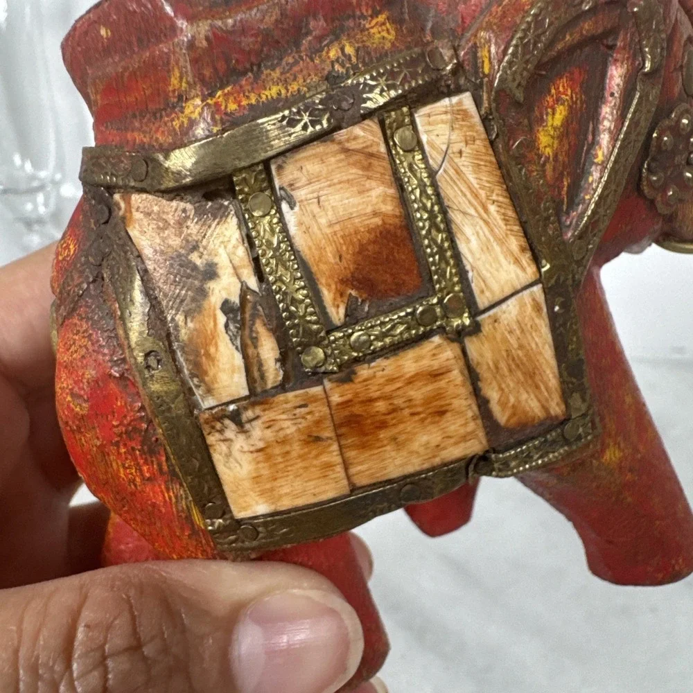 Vintage Beautiful Wood Elephant Nicely Decorated w/ Tiles & Brass